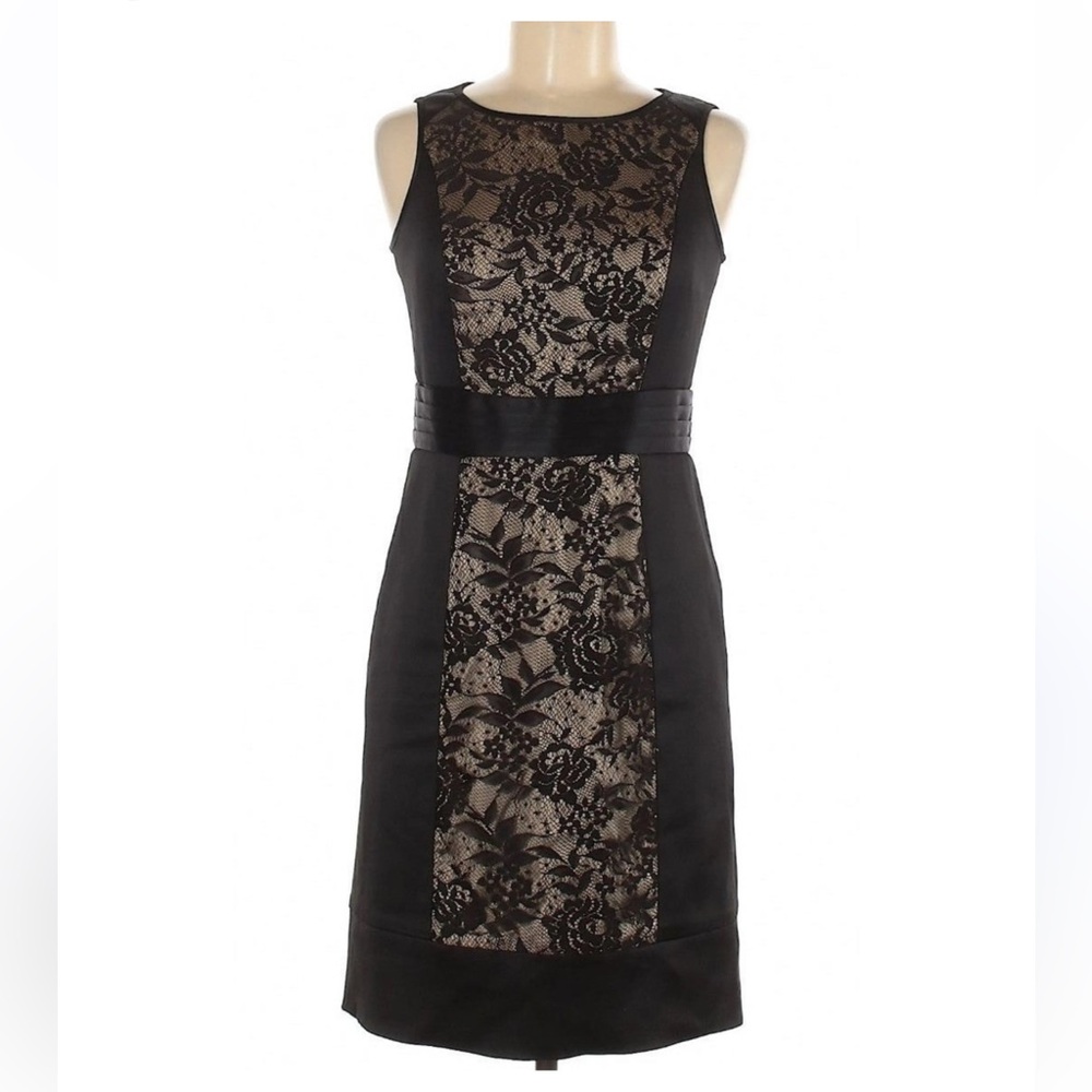 To The MAX Satin Stretch Coffee Charm Lace In Pleated Knee-Length Dress